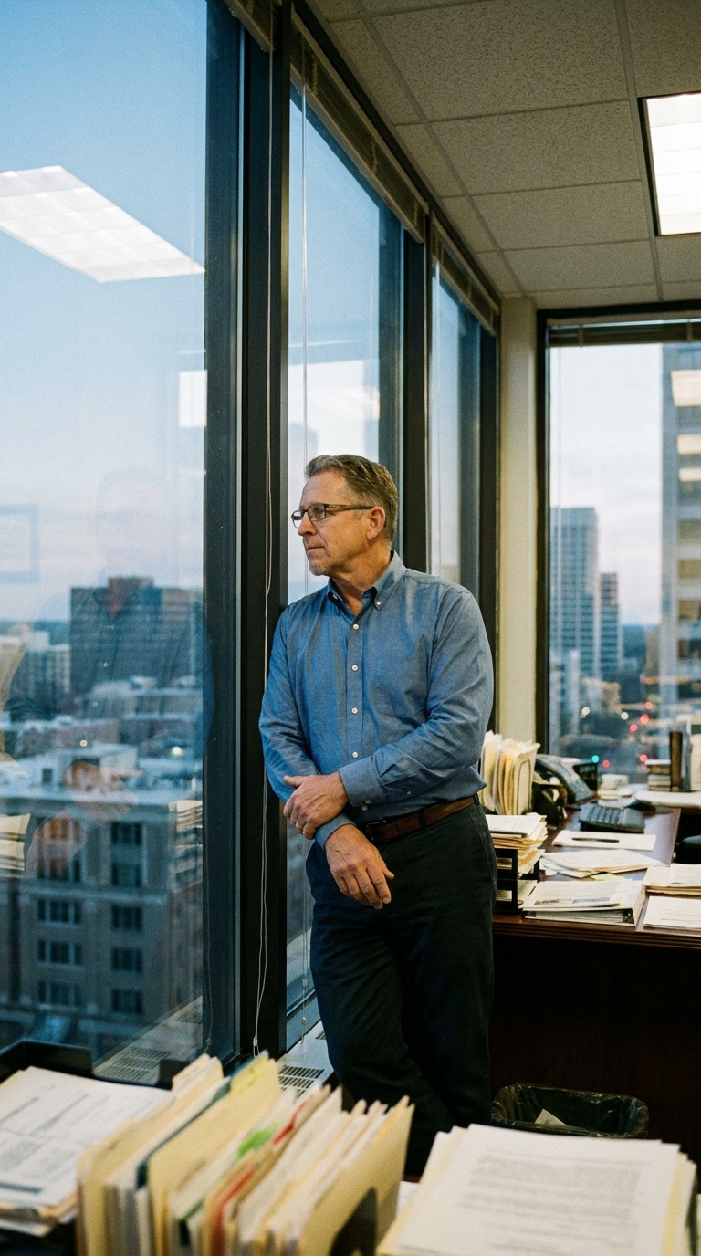 Matt Lenzi, Founder of Synergy BMC, in a paper-stacked office looking out over the city